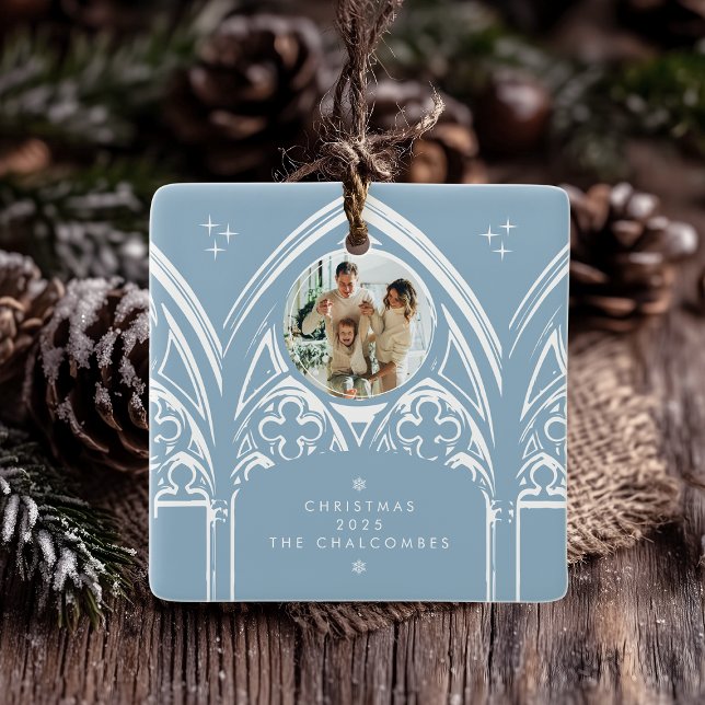 Ornamento De Cerâmica Snowy Gothic Winter Fairytale Blue Photo (Criador carregado)