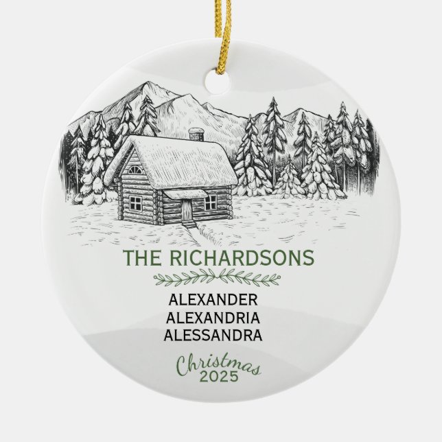 Ornamento De Cerâmica Snowy Mountain Winter Log Cabine X 3 (Frente)