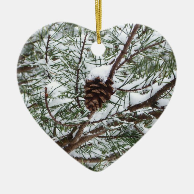Ornamento De Cerâmica Snowy Pine Cone II Fotografia de inverno (Frente)