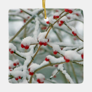 Ornamento De Cerâmica Snowy Red Berries Cena de inverno