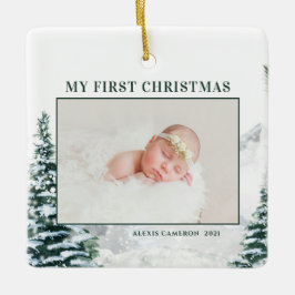 Ornamento De Cerâmica Snowy Woodland Baby é a primeira foto de Natal Cer