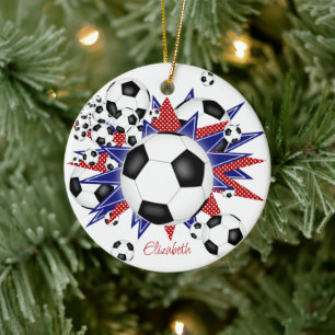 Ornamento De Cerâmica soccer balls blue red stars girls sports