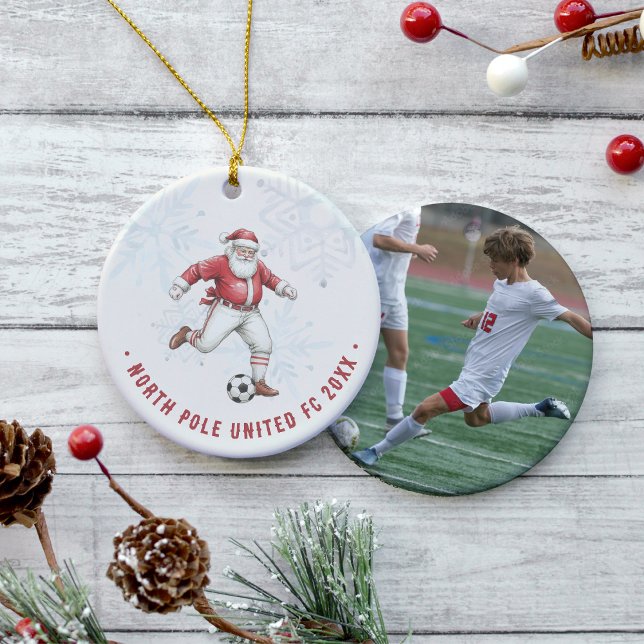 Ornamento De Cerâmica Soccer Santa Personalized Photo (Criador carregado)