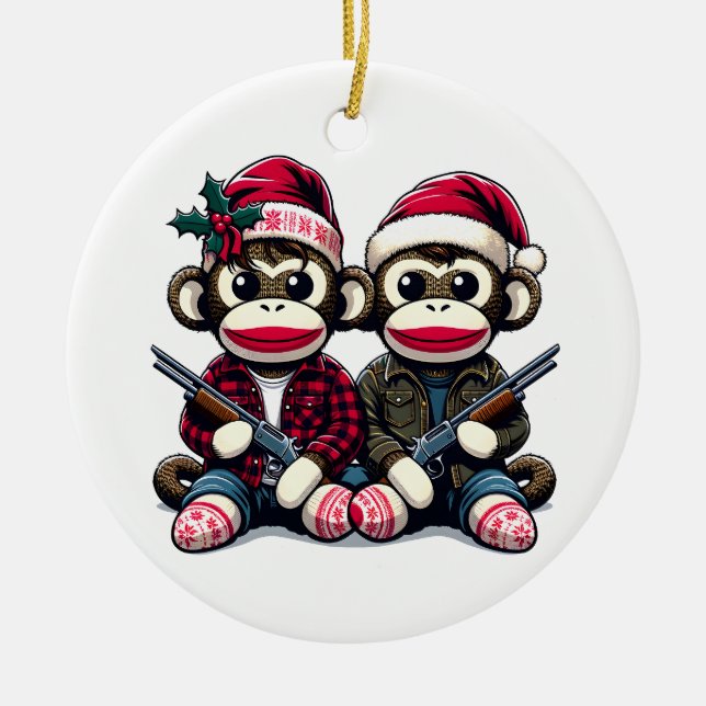 Ornamento De Cerâmica SockMonkey Hunter Brothers No Natal (Frente)