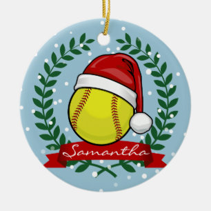 Ornamento De Cerâmica Softball em um estilo do Natal do chapéu do papai