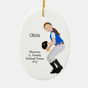 Ornamento De Cerâmica Softball Female Brunette Blue & White