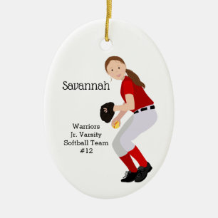 Ornamento De Cerâmica Softball Fêmea Brunette Vermelha e Branca