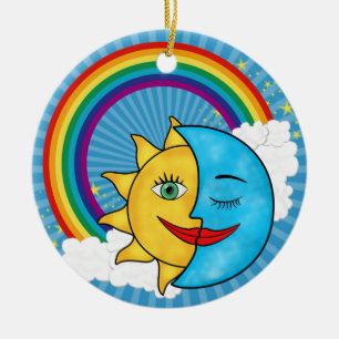 Ornamento De Cerâmica Sol Lua Arco-íris Estrelas