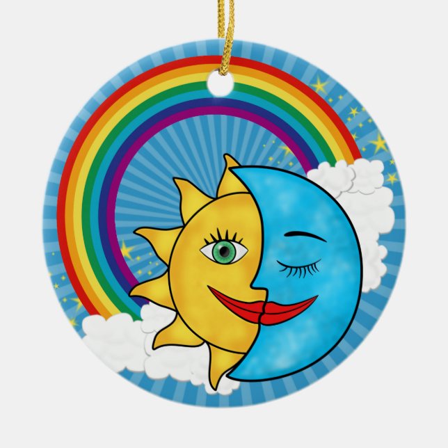 Ornamento De Cerâmica Sol Lua Arco-íris Estrelas (Frente)
