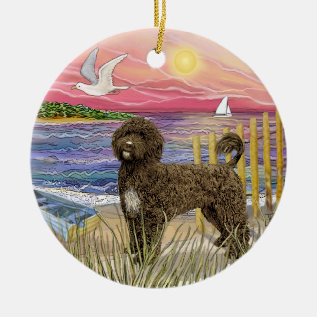 Ornamento De Cerâmica Sol rosa - Cão-d'água castanho português (Frente)