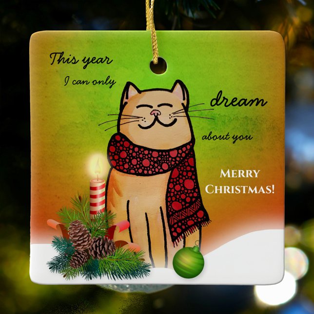 Ornamento De Cerâmica Solitário De Natal Sem Você Gato Doce (Christmas ornament featuring an illustration of a dreamy cat in a Christmas setting)