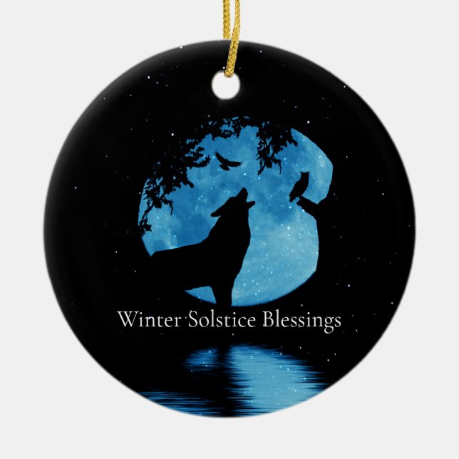 Ornamento De Cerâmica Solstício de Inverno Lobo Coruja e Lua de Inverno (Frente)