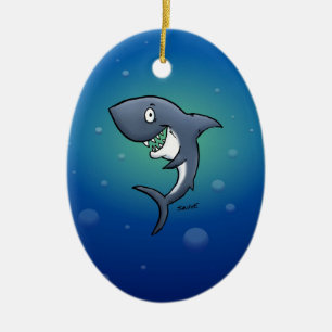 Ornamento De Cerâmica Sorrindo Tubarão Engraçado em Fundo Azul