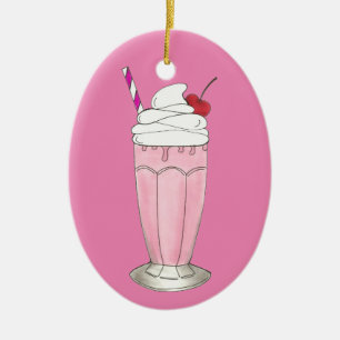 Ornamento De Cerâmica Sorvete de Morango Rosa Shake Milkshake Dessert