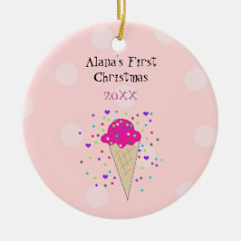 Ornamento De Cerâmica Sorvete Rosa Cone Bebê Primeiro Natal