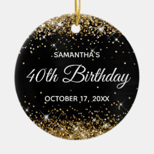 Ornamento De Cerâmica Sparkly Gold Glitter Black Foil 40th Birthday