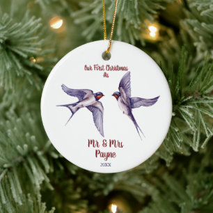 Ornamento De Cerâmica Sparrows Bird Lovebird Casou com Xmas Casal