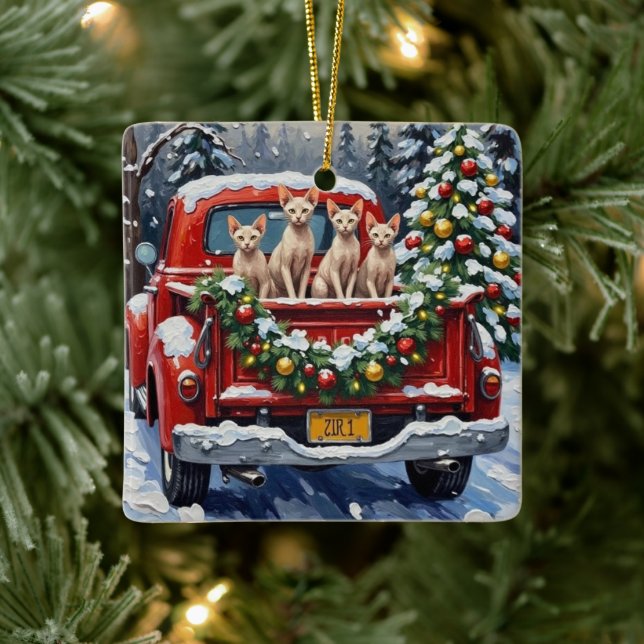 Ornamento De Cerâmica Sphynx Cat Christmas Red Truck Holiday (Árvore)