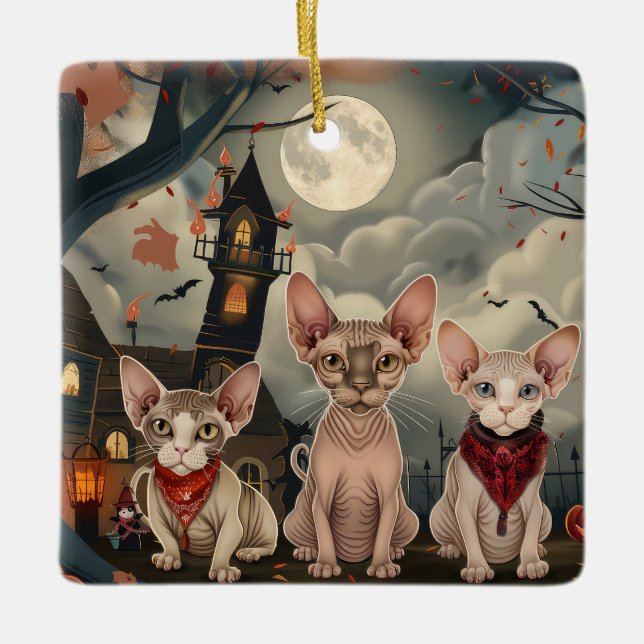 Ornamento De Cerâmica Sphynx Cat Halloween Spooky (Frente)