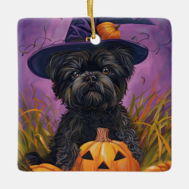 Ornamento De Cerâmica Spooky Affenpinscher Halloween Witch e Pumpkin (Frente)
