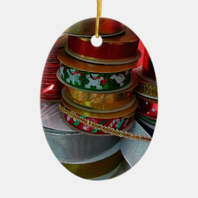 Ornamento De Cerâmica Spools de Férias de Natal Vermelho e Dourado (Frente)