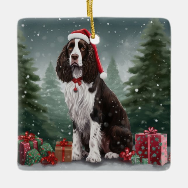 Ornamento De Cerâmica Springer Spaniel Dog no Natal da Neve (Frente)