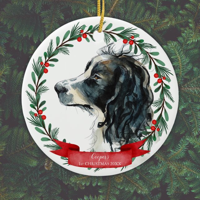 Ornamento De Cerâmica Springer Spaniel Primeiro Monograma de Natal Yr. (Personalize by adding Dog's name & Year, or add different text, or delete if not required.)