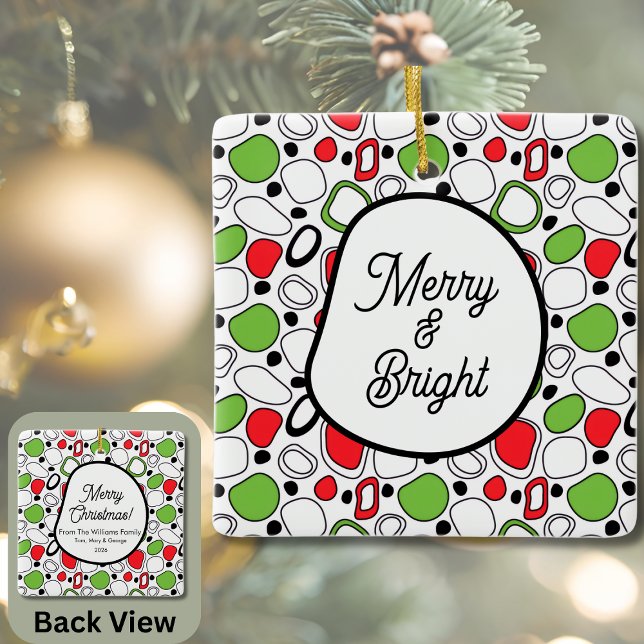 Ornamento De Cerâmica Square Holiday Ceramic Ornament – Personalize Text (Personalized Holiday Ornament - Message on Front With Greeting, Family Name, and Year on Back)