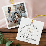 Ornamento De Cerâmica Sr. Colagem de Fotos 5 Primeiro Monograma de Natal<br><div class="desc">Belo monograma mínimo 5 colagem fotográfica Sr & Sra. Primeiro ornamento de Natal. Nosso lindo Sr. O & primeiro ornamento de Natal da Sra. apresenta um layout de colagem de 5 fotos para você adicionar cinco das suas memórias favoritas de fotos de casamento. Personalize com o seu monograma colocado no...</div>