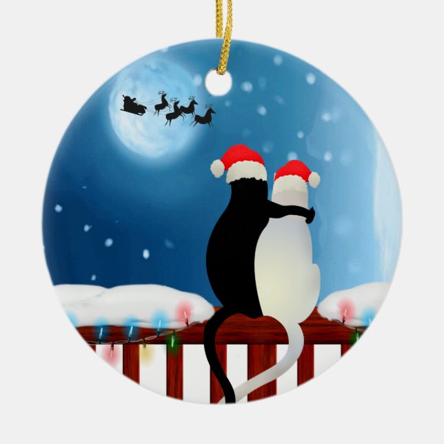 Ornamento De Cerâmica Sr. e Sra. Gatinho de Natal (Frente)
