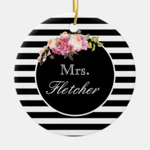 Ornamento De Cerâmica Sra. Black & White Stripes e Flores Personalizadas