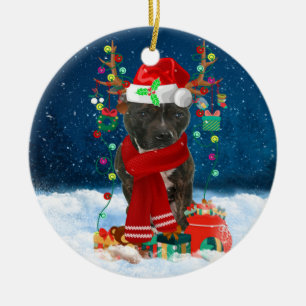 Ornamento De Cerâmica Staffordshire Bull Terrier em neve no Natal 