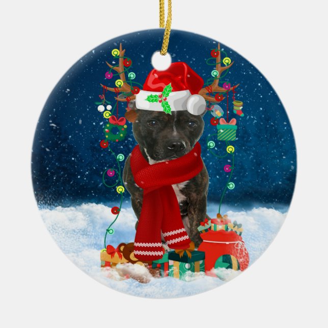 Ornamento De Cerâmica Staffordshire Bull Terrier em neve no Natal  (Frente)
