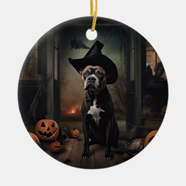 Ornamento De Cerâmica Staffordshire Terrier Pumpkins Halloween Scary (Frente)