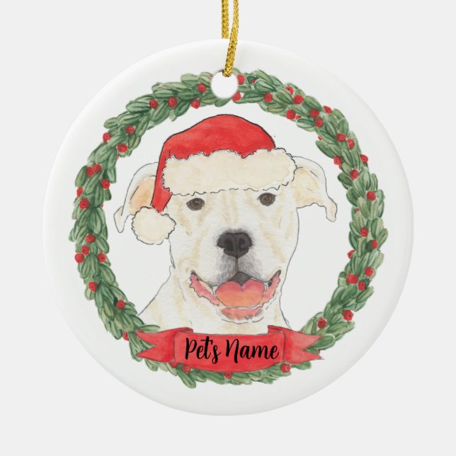 Ornamento De Cerâmica Staffy White Pitbull Personalizado (Frente)