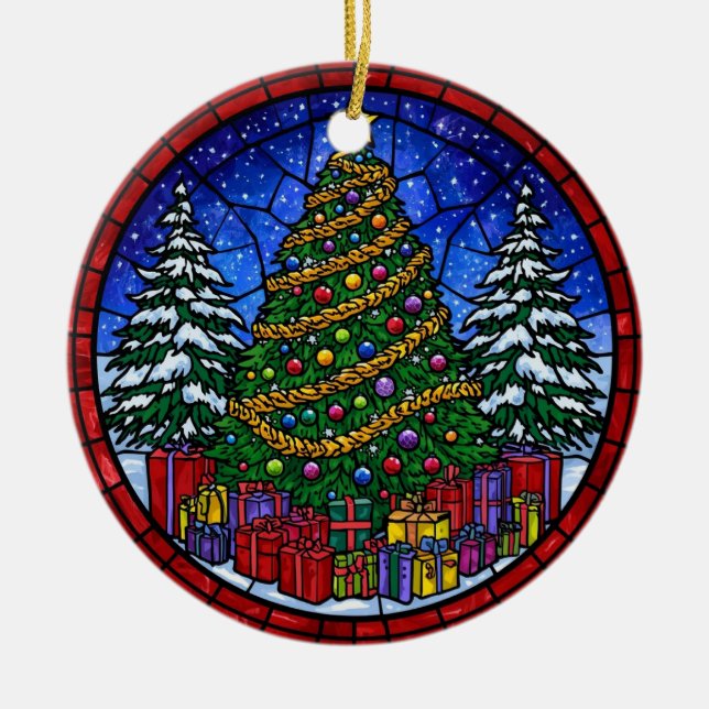 Ornamento De Cerâmica Stained Glass Christmas Tree with Presents (Frente)