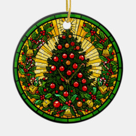 Ornamento De Cerâmica Stained Glass Holly & Bells Tree