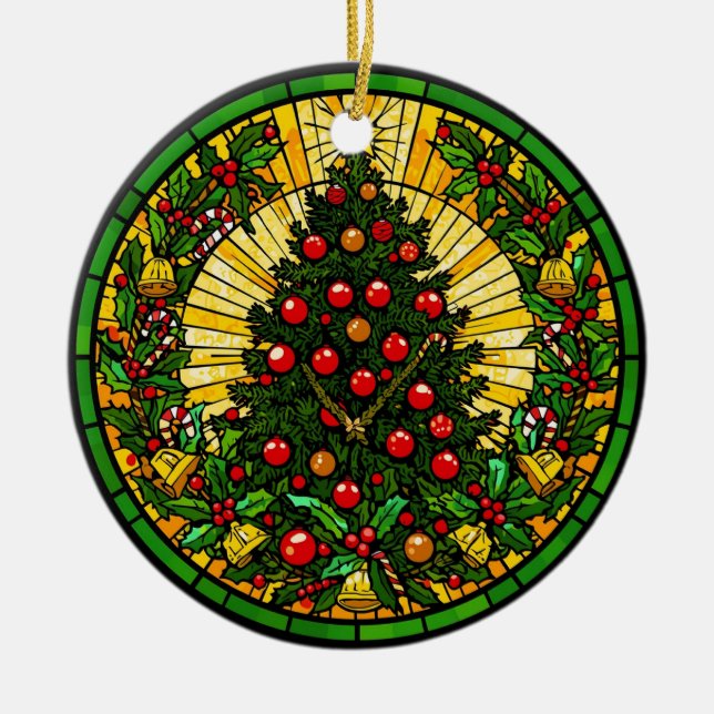 Ornamento De Cerâmica Stained Glass Holly & Bells Tree (Frente)