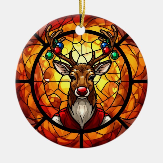 Ornamento De Cerâmica Stained Glass Rudolph Reindeer (Frente)