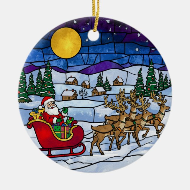 Ornamento De Cerâmica Stained Glass Santa & Reindeer Sleigh Ride (Frente)