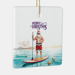 Ornamento De Cerâmica Stand-Up Paddle Santa — Coastal Christmas Holiday