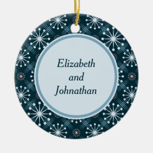 Ornamento De Cerâmica Starburst e linhas azul do teste padrão do meio