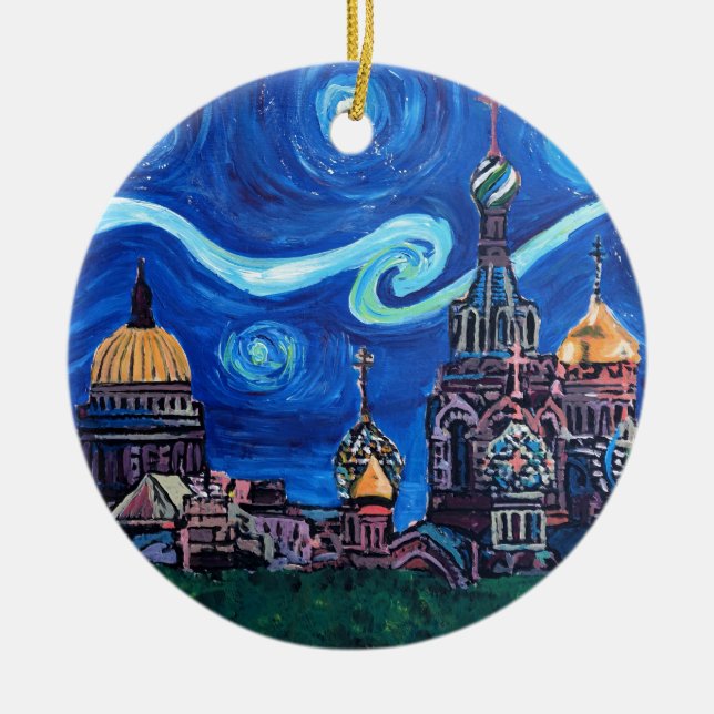 Ornamento De Cerâmica Starry Night em Ruas Petersburgo Rússia (Frente)