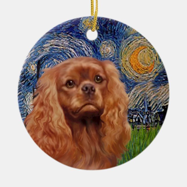 Ornamento De Cerâmica Starry Night - Ruby Cavalier King Charles (Frente)
