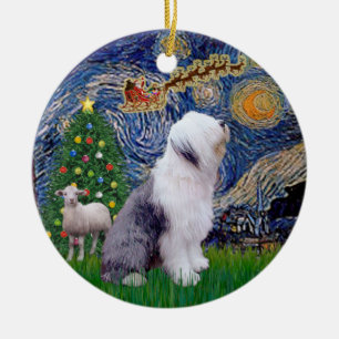 Ornamento De Cerâmica Starry Night Xmas - Antigo Sheepdog Inglês