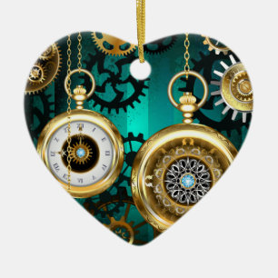 Ornamento De Cerâmica Steampunk Jewelry Watch em um fundo verde