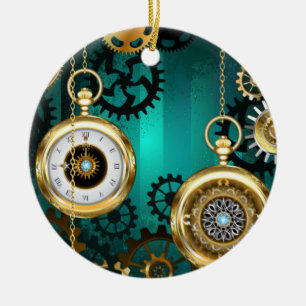Ornamento De Cerâmica Steampunk Jewelry Watch em um fundo verde