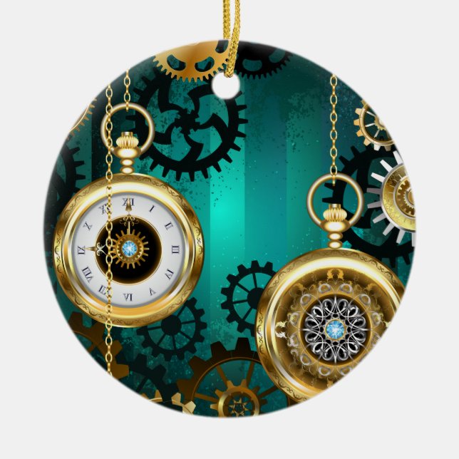 Ornamento De Cerâmica Steampunk Jewelry Watch em um fundo verde (Frente)
