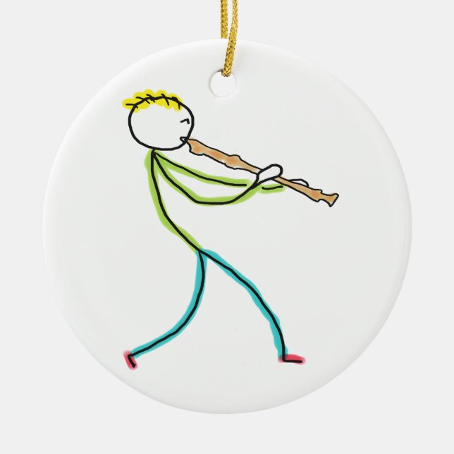 Ornamento De Cerâmica Stickman Tocando Flauta (Frente)