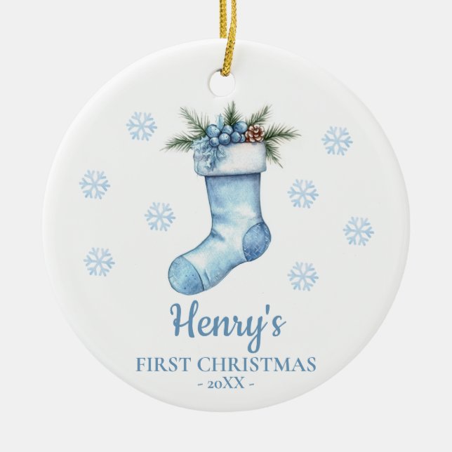 Ornamento De Cerâmica Stocking Personalized Baby's First Christmas (Frente)